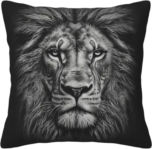 Miniatura 2 de Fundas de almohada decorativas de pana con estampado de cabeza de león en blanco y negro, funda de almohada suave para sofá, funda de cojín cuadrada