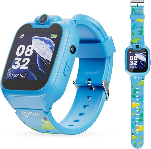 Contixo KW01 - Relojes inteligentes para niños, color azul, pantalla táctil HD de 1.54 pulgadas, juguete educativo con juegos, cámara, grabadora de