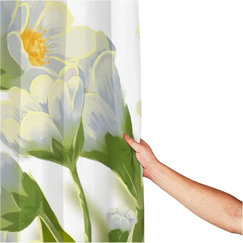 Miniatura 2 de Cortina de ducha de tela impermeable con diseño de margaritas blancas y flores blancas para baño, decoración bohemia de baño con 12 ganchos