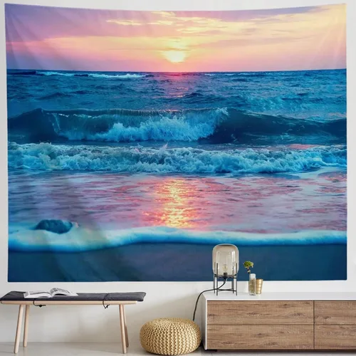 IcosaMro Tapiz oceánico para colgar en la pared, mar, playa, ola, sol, nube, paisaje, naturaleza, arte de pared [dobladillos dobles] decoración
