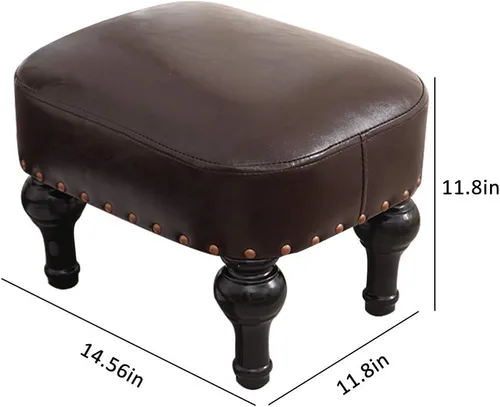 Miniatura 3 de Reposapiés tapizado vintage de cuero marrón - taburete de madera de goma del sofá del pie