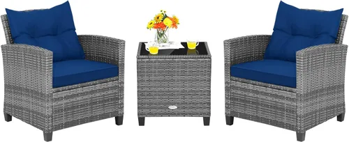 Miniatura 14 de Tangkula Juego de muebles de patio de 3 piezas, mimbre de ratán PE, juego de sofá de 3 piezas para exteriores con cojín lavable y superficie de mesa