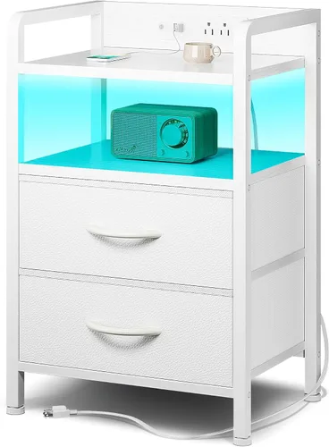 Miniatura 11 de Lazzanto Mesita de noche para dormitorio, mesita de noche con estación de carga y tira de luz LED, mesita de noche con estante de almacenamiento y 2