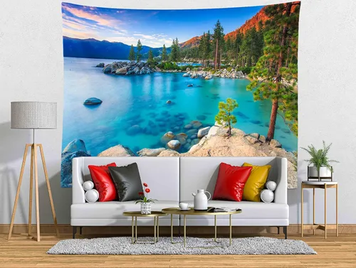 Miniatura 2 de BELECO Tapiz de lago de montaña de 60 x 40 pulgadas, color azul Lake Tahoe, con vista de orilla rocosa, playa, bosque verde, pinos, naturaleza