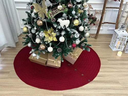 Miniatura 8 de Falda de árbol de Navidad de punto acanalado de 36 pulgadas con botones de roble, borgoña