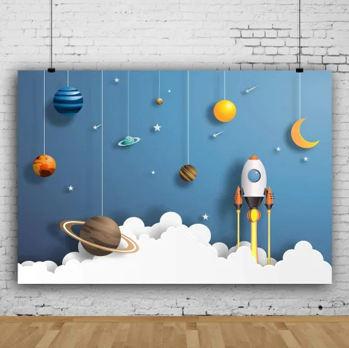 Miniatura 2 de Telón de fondo de astronauta con cohete del espacio exterior de 5 x 3 pies para bebé, niño, universo, galaxia, universo, galaxia, fondo de fiesta