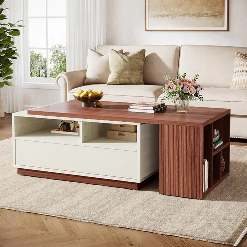 Miniatura 9 de Tribesigns Mesa auxiliar extensible con 2 cajones de almacenamiento, mesa reversible para sala de estar con estantes y parte superior ajustable