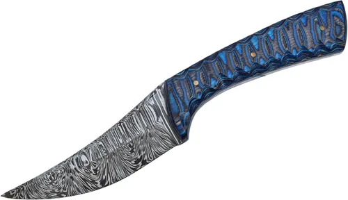 Miniatura 3 de Cuchillo de caza de hoja fija de Damasco con funda hecha a mano de espiga completa para desollar bushcraft, mango de madera Pakka azul, cuchillo