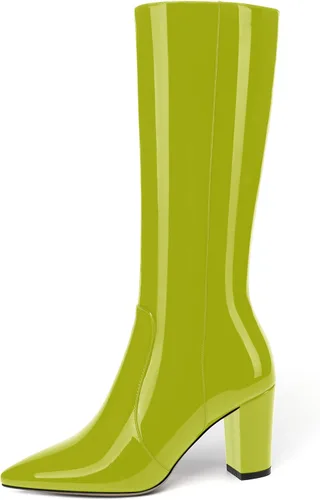 Miniatura 100 de AMBELIGHT Botas altas hasta la rodilla con cremallera y puntera puntiaguda para mujer, de patente sólida, tacón alto, 3.3 pulgadas
