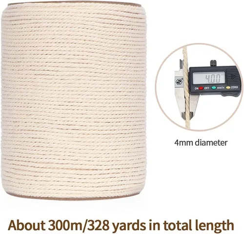 Miniatura 3 de Cuerda de macramé de 4 mm x 328 yardas (984 pies), cuerda de macramé de algodón natural - cuerda de algodón de macramé trenzada de 3 hilos