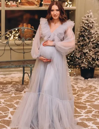 Miniatura 2 de Vestido de maternidad con volantes de tul para sesión de fotos, manga larga, cuello en V, baby shower, lencería de embarazo