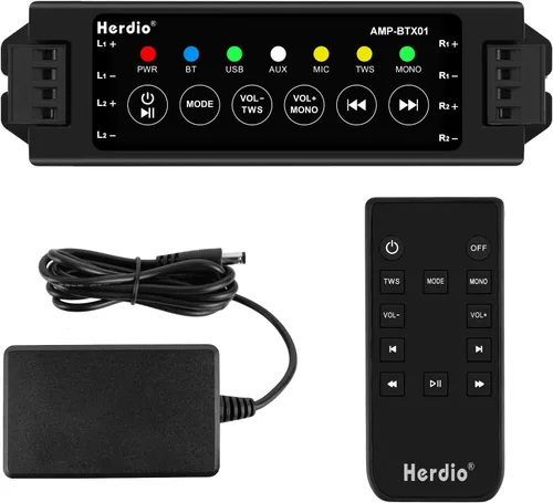 Herdio Amplificador Bluetooth de 4 canales, adaptador 19V3A para aplicación y control remoto con memoria de apagado, Bluetooth 5.0/USB/MIC/AUX/TWS