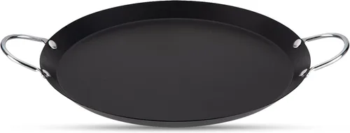 Alpine Cuisine Plancha redonda antiadherente de 11 pulgadas, parrilla de acero al carbono negro con doble asa, duradera, resistente para cocinar,