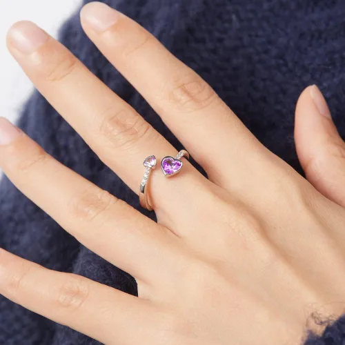 Miniatura 2 de LANE WOODS Anillos de piedra natal para mujer, plata de ley 925, doble corazón, abierto, anillo de banda ajustable