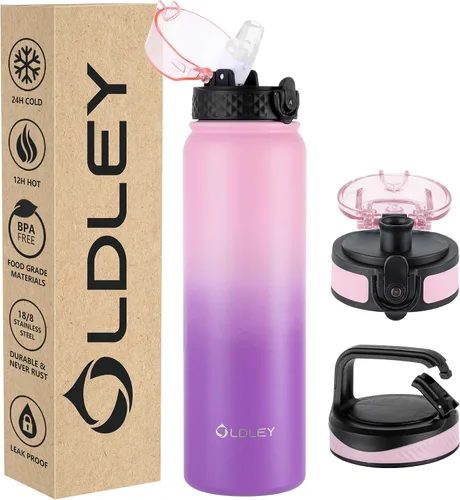 Miniatura 37 de Botella de agua aislada Oldley de 12 oz con pajita, botella de agua de acero inoxidable con 2 tapas, botellas de doble pared con vacío para adultos