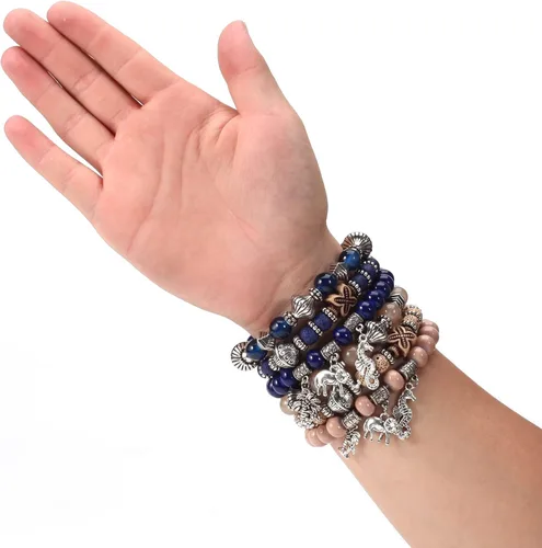 Miniatura 6 de Twinfree Pulseras bohemias para mujer, pulsera elástica de cuentas de colores multicapa con dije de joyería