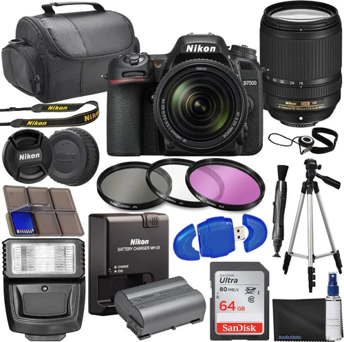Nikon D7500 - Cámara DSLR con lente VR de 0.709-5.512 in + tarjeta de 64 GB, trípode, flash, kit de filtro de 3 piezas, funda de transporte + más