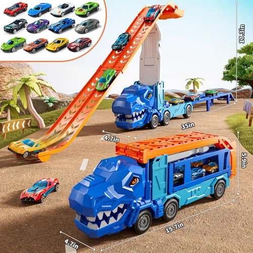 Miniatura 6 de Juego de pistas de camiones para niños de 3, 4, 5, 6 años, camión de dinosaurio, pista de carreras con 12 juguetes de autos de carreras fundidos a