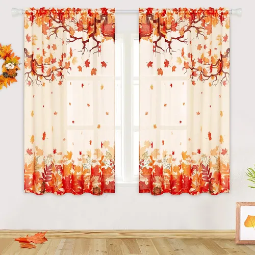FRAMICS Cortinas traslúcidas de otoño de Acción de Gracias para sala de estar, cortinas de hojas de arce que caen, 2 paneles de cortinas de gasa