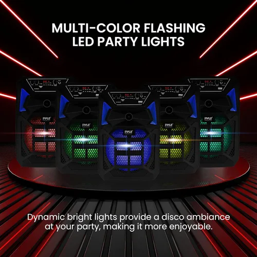 Miniatura 4 de Pyle Altavoz PA Bluetooth y sistema de micrófono, altavoz de karaoke portátil con micrófono con cable, luces LED de fiesta integradas, radio FM
