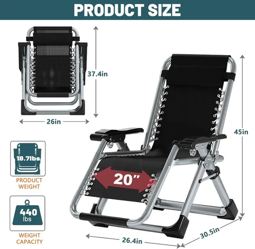 Miniatura 3 de DoCred Silla de gravedad cero, sillón reclinable de césped, tumbona reclinable para patio, tumbona plegable portátil con cojín suave desmontable