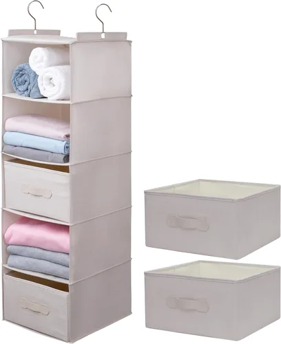Miniatura 15 de Organizador colgante grande de suéter para armario, estantes colgantes plegables de 6 estantes con cajones, lavable (beige, 6 estantes)