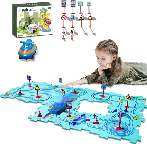 Miniatura 14 de Regalo de cumpleaños para niño de 4 años, Set de pista de autos de carreras con rompecabezas para niños, Set de pista de autos Puzzle Racer