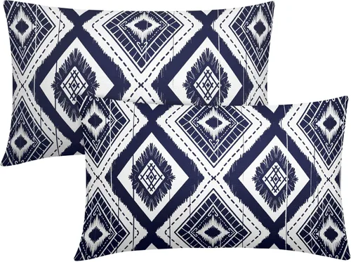 Juego de 2 fundas de almohada lumbares geométricas de color azul marino y blanco de 12 x 20 pulgadas, color azul índigo, marfil, diamante Ikat,