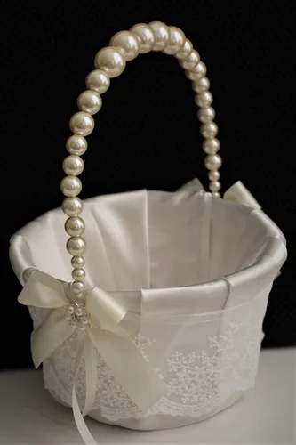 Miniatura 4 de Juego de almohada de portador de anillos de marfil y cesta de niña de flores, almohada de anillo de corazón, cesta de boda de encaje, cesta de mango