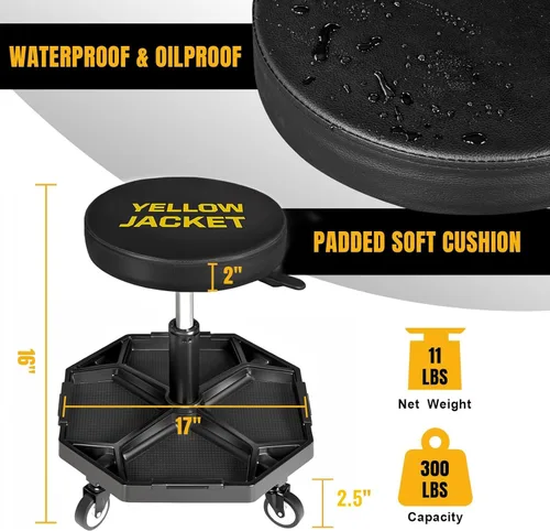 Miniatura 2 de YELLOW JACKET - Asiento rodante de garaje ajustable con neumáticos tipo taburete para taller, con 300 libras de capacidad, silla mecánica con ruedas