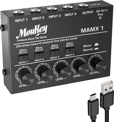 Moukey Mini Mezclador de Audio, DC 5V, 4 Estéreo Ultra, Mezclador de Línea de 4 Canales de Bajo Ruido para Sub-Mezcla, para Pequeños Clubes o Bares,
