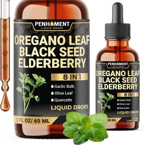 8 en 1 2900 mg de aceite de orégano en gotas con aceite de semilla negra líquido, contiene carvacrol, ajo, saúco, hoja de olivo, quercetina,
