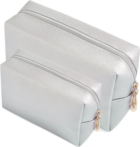 Miniatura 8 de Juego de 2 bolsas de cosméticos de piel sintética para mujer, bolsa de maquillaje minimalista para uso diario, bolsa de almacenamiento portátil