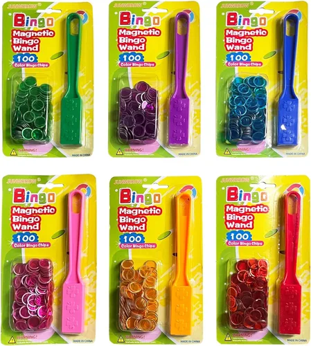 Miniatura 5 de JUNWRROW Vara mágica de bingo con fichas, paquete de 6 y 600 fichas de metal, 6 fichas de metal de colores, para juegos de grupo grande, noche