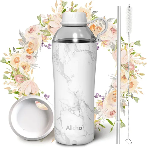 Miniatura 20 de Bow - Botella de agua aislada para mujeres, botellas de agua de acero inoxidable de 18 oz, de doble pared, 2 tapas (para beber y vaso) - Hidrata