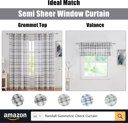 Miniatura 6 de Dos paneles de cortina Randall de lino con diseño geométrico de cuadros para ventana, mezcla de lino, con ojales semitransparentes, estilo rústico