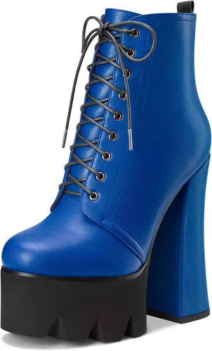 Miniatura 6 de HDEUOLM Botas de tobillo con tacón alto de bloque grueso para mujer, puntera redonda, botines cortos con cordones y cremallera, zapatos clásicos