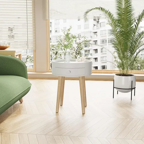 Miniatura 3 de Mesa auxiliar redonda blanca para sala de estar, mesita de noche moderna, mesa de centro pequeña con cajón para dormitorio, espacio pequeño, patas