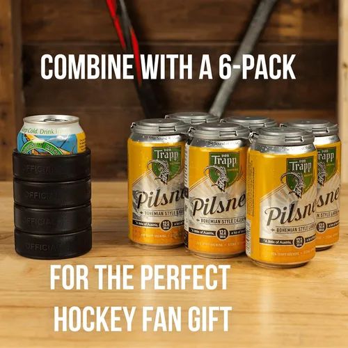 Miniatura 5 de Enfriador de latas de cerveza hecho de 4 discos de hockey sobre hielo reales, soporte aislado de 12 onzas para regalos de papá de hockey