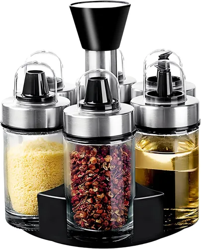 Mlici Dispensador de aceite y vinagre, juego de 6 botellas, soporte de sal y pimienta de acero inoxidable con soporte giratorio de 360°, salsa de
