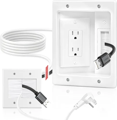 Kit de organización de cables de pared con caja de salida de TV empotrada, enchufe de dos agujeros, cable de 9 pies, kit de pared para ocultar