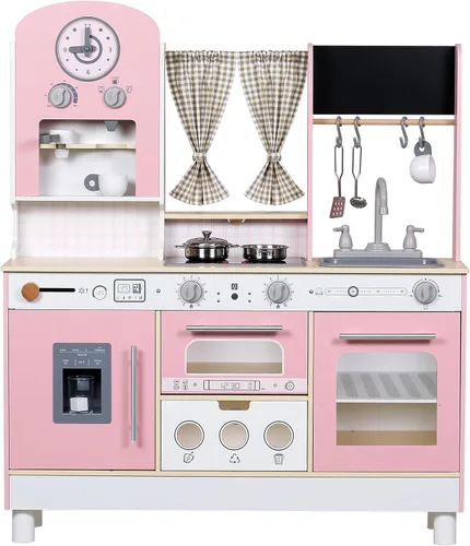 EDUBEBO Juego de cocina para niños, cocina de juego de madera, altura ajustable, viene con varios accesorios de cocina, juguete de juego de rol Rosa