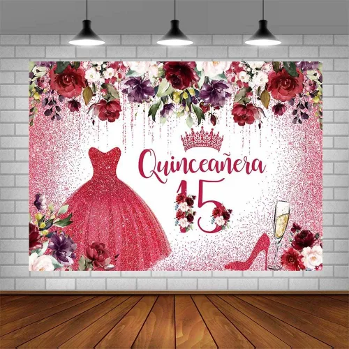 Miniatura 4 de Telón de fondo de feliz cumpleaños número 15 para niña, quinceañera, flores rojas burdeos, fondo de fotografía, corona roja, decoración de fiesta