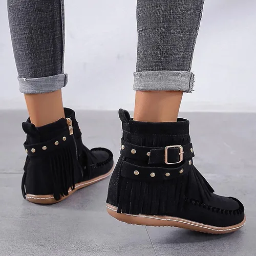 Miniatura 6 de AUNTHUI Sursell - Botines de gamuza para mujer, con flecos, punta redonda, planos, cálidos, de moda, occidentales, para exteriores, con cremallera