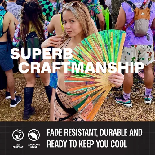 Miniatura 33 de SoJourner Bags Rave Fan – Ventilador plegable grande – Ventilador de mano Clack para raves, Halloween, Burlesque, trajes de arcoíris para mujeres