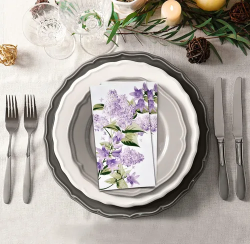 Miniatura 6 de 100 servilletas para invitados, diseño floral morado, 3 capas, desechables, papel lila, toallas de mano elegantes, decoración de flores