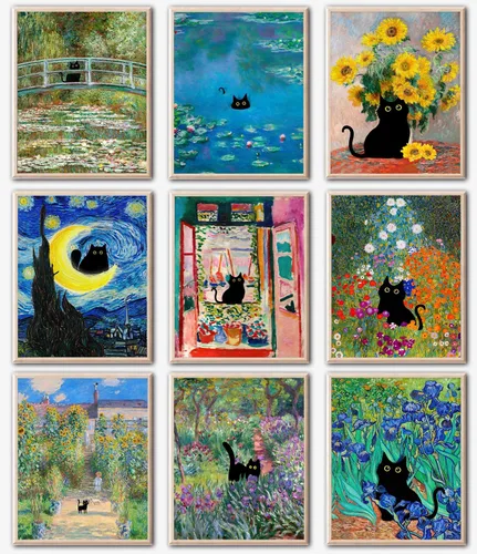 Kizbok Juego de 9 carteles divertidos de gato negro, impresiones artísticas de pared de gato negro vintage de Monet Matisse Van Gogh, gatos negros