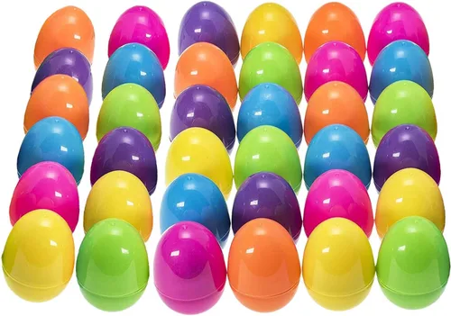 Miniatura 8 de ROSAUI Paquete de 36 huevos de Pascua grandes rellenables (3.5 pulgadas), huevos de plástico de fondo plano con cintas, decoración colgante