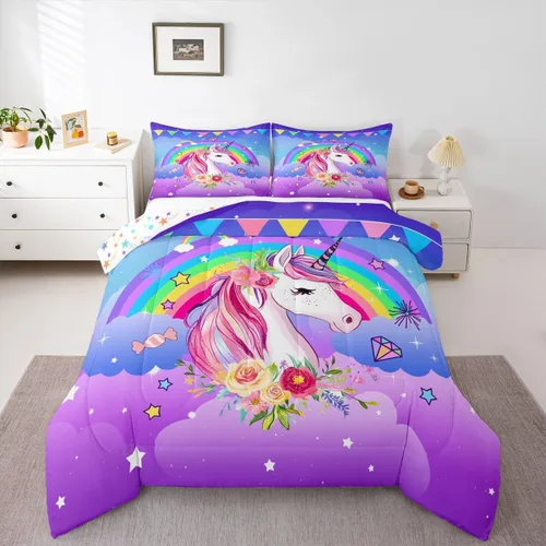 Juego de ropa de cama de unicornio tamaño individual para niñas y niños pequeños, juego de ropa de cama de unicornio arco iris, lindo edredón de