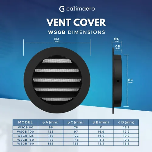 Miniatura 2 de calimaero® WSGB Rejilla de Ventilación de Aire de Metal Redondo Negro de 5 Pulgadas con Persiana Plana y Malla Antimoscas Compatible Solo